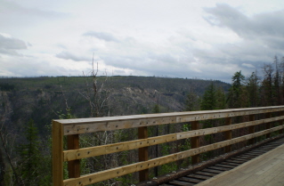 KVR route on the opposite (east) side of Myra Canyon as seen from trestle 2, 2010-08.
